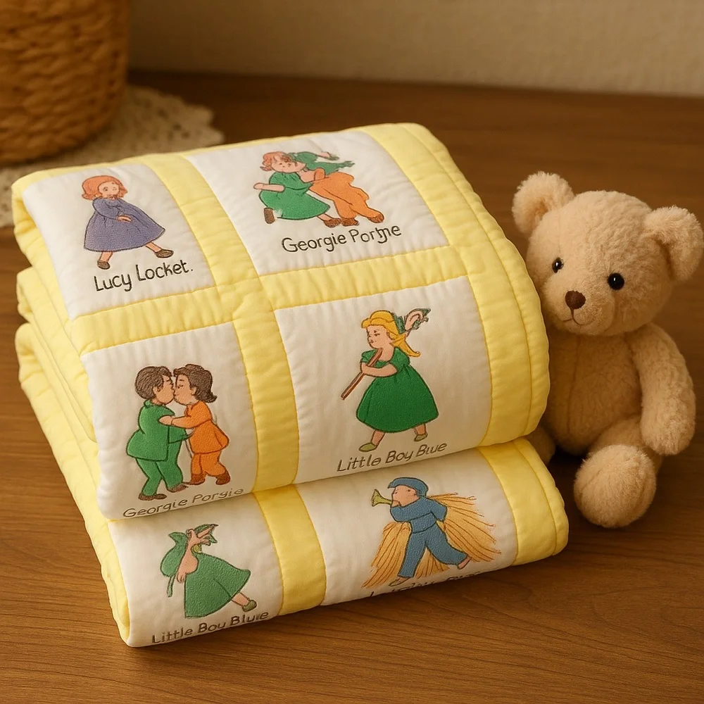 Vintage Handmade Nursery Rhyme Quilt – Embroidered & Hand-Quilted – Yellow